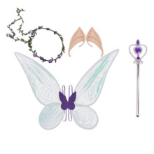(Purple) Set di ali da farfalla da fata per bambine con bacchetta magica, gonna in tulle da ballo e vestito da principessa per feste e festival.