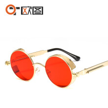 (C13 Gold Frame Red Lens) Runde Steampunk-Sonnenbrille mit geschwungenen Bügeln – Retro-Brille mit individuellem Design 2518