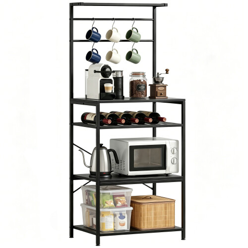 Homcom HOMCOM Freestanding Shelving Unit with 6 Hooks and Wine Rack, Black 1