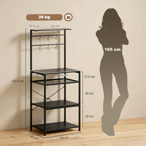 Homcom HOMCOM Freestanding Shelving Unit with 6 Hooks and Wine Rack, Black 2