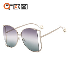 (C4 Silver Frame Gray-Green Lens) Occhiali da sole da donna con montatura grande e perle, occhiali da sole cavi in metallo dorato lucido