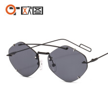 (C1 Black Frame with Gray Lenses) Metal Rimless Sunglasses Modern Runway Custom Shades Unisex Small Irregular Frame 6604