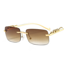 (C3 Gold Frame Double Tea Lenses) Leopard Head Metal Sunglasses 2572 - Unisex Retro Rimless Square Colorful Leopard Decor