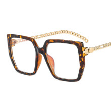 (C12 Leopard Print Transparent Lens) Occhiali da sole artistici color block da donna – Occhiali senza prescrizione con catena decorativa 9428