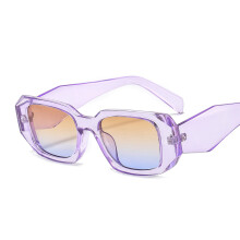 (C7 Transparent Purple Frame with Brown-Blue Lenses) Square Small Frame Sunglasses 7903 – Angular Facet Design, Women's Hip-Hop Street Style Glasses