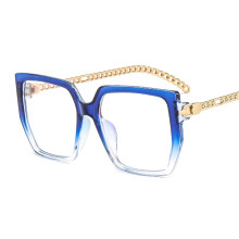 (C10 Gradient Blue Frame with Transparent Lens) Color Block Artistic Sunglasses for Women – Decorative Chain Style Non-Prescription Glasses 9428