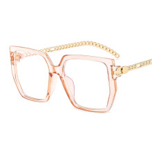 (C11 Champagne Frame with Transparent Lens) Occhiali da sole artistici color block da donna – Occhiali senza prescrizione con catena decorativa 9428
