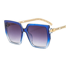 (C3 Gradient Blue Frame Double Gray Lens) Kunstneriske solbriller med fargeblokk for kvinner – dekorative kjedeformede briller uten styrke 9428