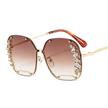 (C3 Gold frame with gradient tea lenses) T22025 Oversized Metal Hollow Diamond Square Sunglasses for Women, Trendy Glamorous Colorful Shades