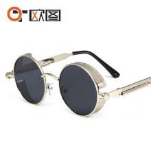 (C8 Silver Frame with Gray Lens) Runde Steampunk-Sonnenbrille mit geschwungenen Bügeln – Retro-Brille mit individuellem Design 2518