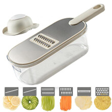 Multifunctional Mandoline Slicer - 6 Blades Interchangeable, Handheld Vegetable Cutter with Container for Kitchen, Onion, Garlic, Safe Food Slicer