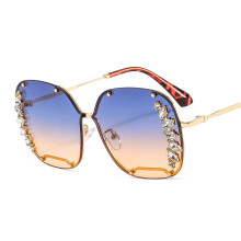 (C6 Gold Frame Gradient Blue Brown Lens) T22025 Oversized Metal Hollow Diamond Square Sunglasses for Women, Trendy Glamorous Colorful Shades