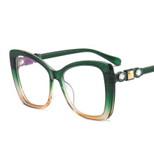 (C8 Green Tea Frame with Transparent Lenses) Große, taupefarbene Damen-Sonnenbrille mit Blaulichtfilter, diamantbesetzt, glamourös und dekorativ