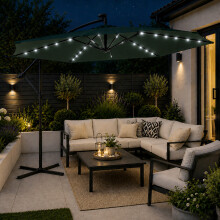 Samuel Alexander 3m Solar Powered Cantilever Lit Banana Garden Parasol with Crank Handle & White LED Lights in Green