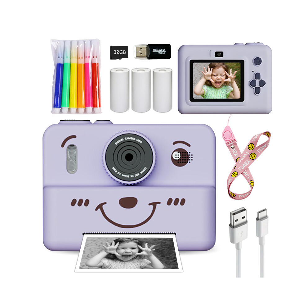 (Bear ) Kids Digital Camera With Instant Print Mini Printer 2.8Inch Video Portable Thermal Instant Photo Print Kids Camera With Printer Purple 4048712628910