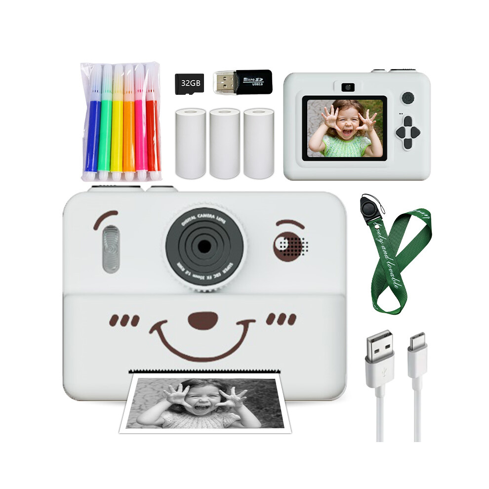 (Bear ) Kids Digital Camera With Instant Print Mini Printer 2.8Inch Video Portable Thermal Instant Photo Print Kids Camera With Printer White 4048712628927