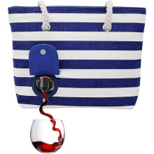 Elegante bolso de playa con compartimento térmico para vino rosa a rayas azul — bolsa picnic, bolsa térmica