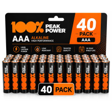 100% PeakPower AAA Alkaline Batteries, Reliable Long-Lasting Power for Everyday Household Devices, Remote Controls, Toys & Gaming Controllers, 40 Pac