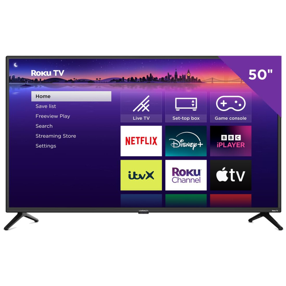 Veltech 50 Inch Smart Tv 4K Â Uhd Roku Tv With Freeview, Netflix, Apple Tv+, Bbc Iplayer, Hdr, Dolby Audio, Voice Control, Hdmi, Usb Â Smart Tv Fo 5004618799474