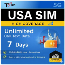 TSIM USA SIM Card 7 Days with Call Home | High Coverage | Unlimited Data on AT&T Network | Unlimited Local + International Call/Texts in USA (includi