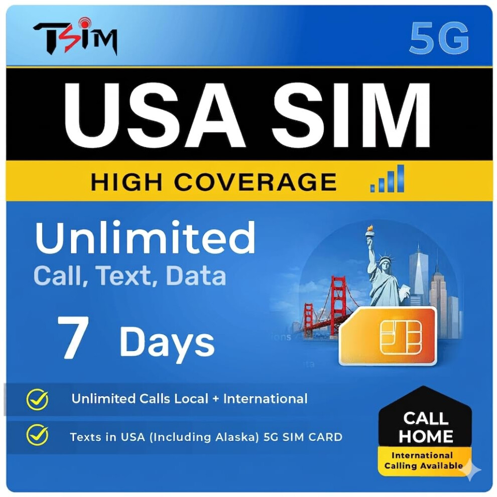 Photos - SIM card TSIM USA 7 Days with Call Home | High Coverage | Unlimited Data on AT&T Network | Unlimited Local + International C