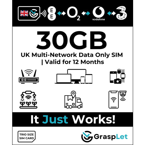 UK Multi-Network Data SIM Card | Automatically Selects the Strongest Network: EE, Three, O2, or Vodafone (30GB - 12 Months)