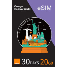 Orange Holiday World eSIM - 30 Days, Upto 20GB Data, 15Minutes Calls, 50 Text/SMS. Preloaded and Preactivated with Worldwide Service. Tethering Allow