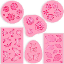 6-Piece Cake Molds Set, Flower/Butterfly/Leaf Shapes, Food-Grade Silicone, Pink Baking Tools