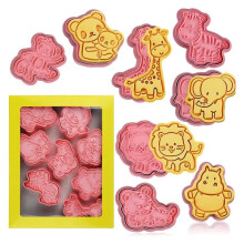 (7) Pet 3D Cookie Cutter Set of 8 - Animal Shapes Biscuit Stamp Molds with Plunger, Embossing Baking Tools for Fondant Cheese Cookies, Pink