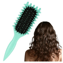 Styling Brush with Boar Bristles, Ergonomic Curved Hairbrush, Green, for Smooth Detangling and Defined Curls