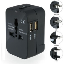 Universal Travel Adapter, US EU UK AU Plug, 2 USB Ports for Cameras, Mobile Phones, Tablets, iPad, Black