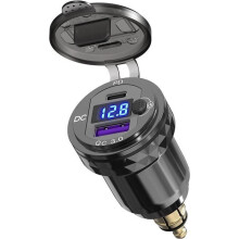USB-DIN-Motorrad-Schnellladegerät, Dual-Port-QC3.0- und USB-C-Adapter, DIN Hella auf USB mit blauer LED für Motorräder, Schwarz