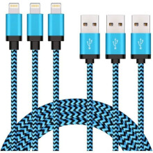 Set van 3 gevlochten nylon oplaadkabels van 2 meter voor iPhone, iPad en iPod, roze en grijs.