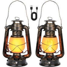 Buitenlantaarns, set van 2 vintage LED-lantaarns, oplaadbaar met realistisch vlameffect, retro stormlantaarn op batterijen