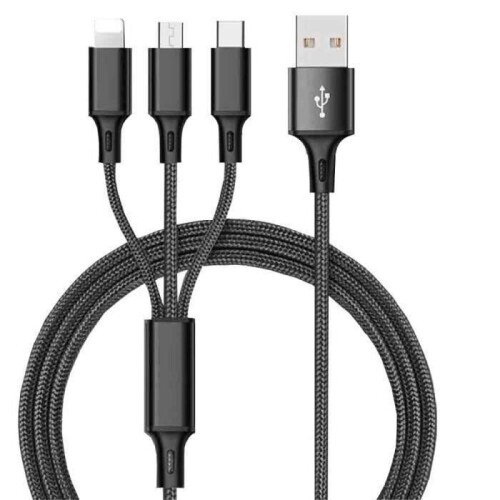 Cabo de carregamento USB universal 3 em 1, 1,2 m, preto, compatível com dispositivos Apple e Android. 1