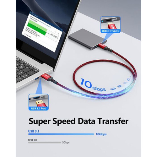 USB 3.1 Gen 2 A to C Data Cable, 0.3 m, 10 Gbps, 3A Fast Charging, Braided Nylon, Durable Short Sync Cable 1