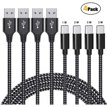 Cable USB C de carga rápida y transferencia de datos, nailon trenzado, paquete de 4 unidades, 1 m, 2 m, 3 m, duradero para uso diario.