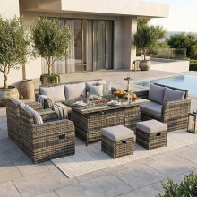 Alivio 9-Seater Rattan Furniture Set with Fire Pit Table &amp; UV Cushions (Grey)