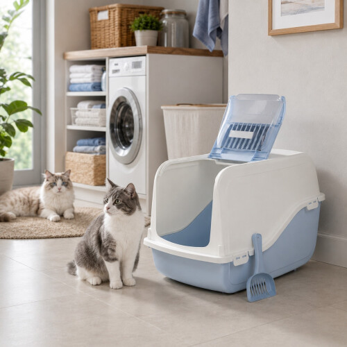 (Light Blue) Hooded Cat Litter Tray plus Filter & Scoop 1