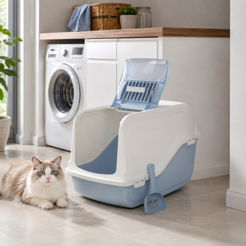 (Light Blue) Hooded Cat Litter Tray plus Filter & Scoop 2