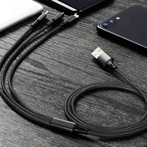 Cable de carga USB universal 3 en 1, 1,2 m, negro, compatible con dispositivos Apple y Android. 2