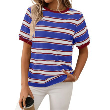 T-Shirts à Manches Courtes à Rayures Color Block, Rouge Vin + Bleu Foncé, Taille L