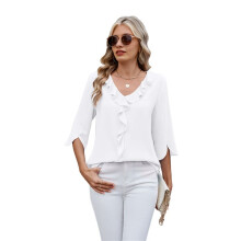Chemisiers Habillés Décontractés pour Femmes, Manches 3/4, Col en V, Volants, Blanc, Taille M