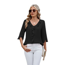 Chemisiers Habillés et Décontractés pour Femmes, Manches 3/4, Col en V, Volants, Noir, XL