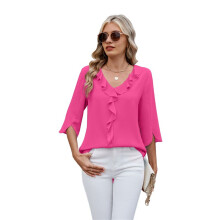 Chemisiers Habillés Décontractés pour Femmes, Manches 3/4, Col en V, Volants, Rose Rouge, Taille L
