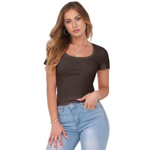 T-Shirt Slim Côtelé pour Femme, Marron Foncé, Taille XL