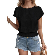 Hauts Habillés Décontractés à Manches Courtes et Ourlet Froncé pour Femme, Noir, Taille S