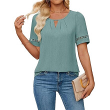 Chemise Élégante à Manches Courtes et Dentelle pour Femme, Couleur Unie, Vert, Taille XXL