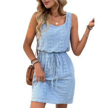 Robe Courte à Cordon de Serrage Texturée Ajourée pour Femme, Bleu Ciel, Taille M