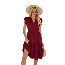 Robe D'Été Mi-Longue à Volants et Col en V pour Femme, Vin Rouge, Taille S